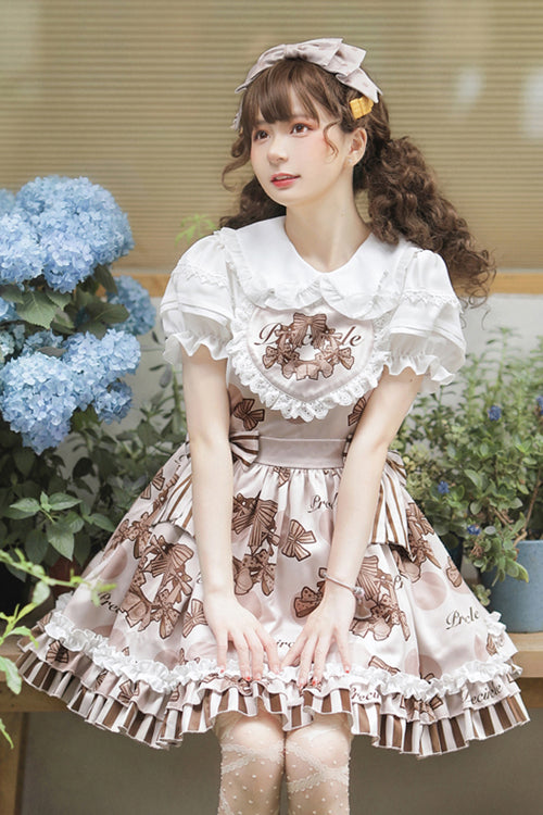 Brown Chocolate Wreath Print Sweet Lolita Strap Dress