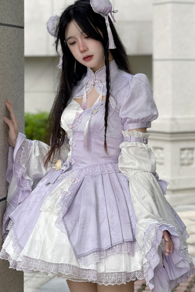 Chinese Style Short Sleeves Print Ruffle Hollow Bowknot Lace Asymmetric Sweet Vintage Lolita Dress 4 Colors