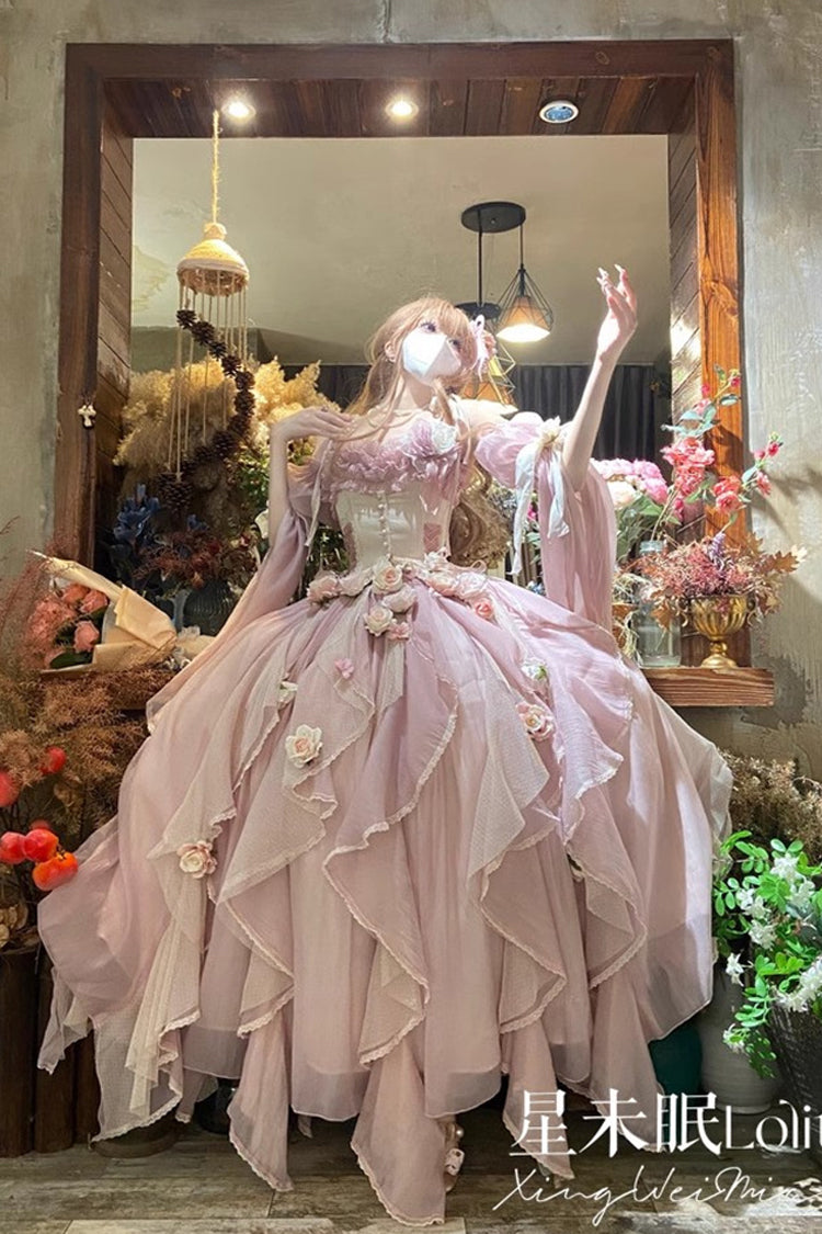 Praise of the Flower Goddess Off Shoulder Ruffle Hanayome Bowknot Lace Fishbone Sweet Lolita Jsk Dress 2 Colors