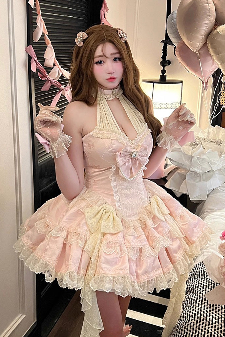 Pink Beloved Young Lady Halterneck Sleeveless Double-Layered Ruffle Bowknot Lace Elegant Sweet Lolita Dress