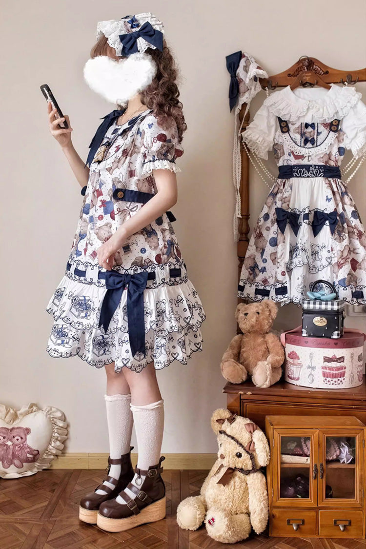 Multi-Color Little Bear Tailor Round Collar Short Sleeves Double-Layered Printed Ruffled Bow Sweet Lolita Dress