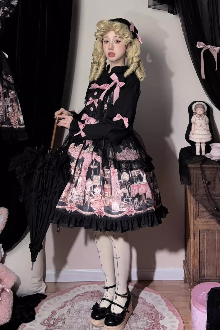 Black The Case of the Missing Lamb Print Ruffle Bowknot Lace Gothic Lolita Jsk Dress