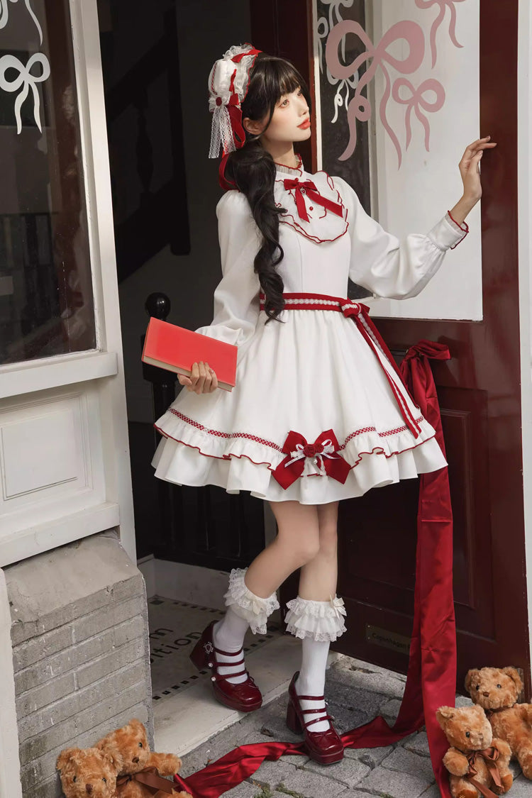 Red/White Red Vow Stand Collar Long Sleeves Multi-Layered Ruffled Bow Sweet Lolita Dress