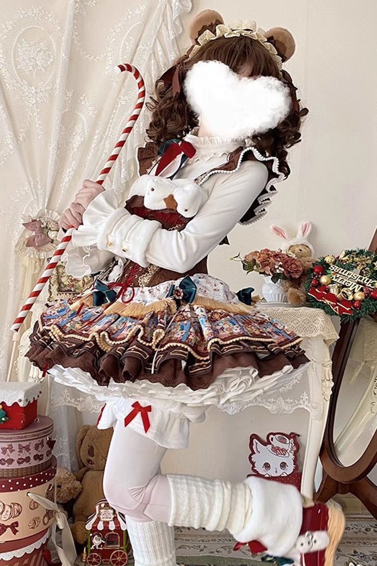 Brown Candy House Multi-Layered Print Ruffle Bowknot Lace-Up Sweet Ballet Lolita Jsk Dress