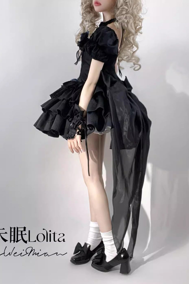 Black Halterneck Short Sleeves Multi-Layered Ruffle Bowknot Lace-Up Fishbone Gothic Lolita Dress