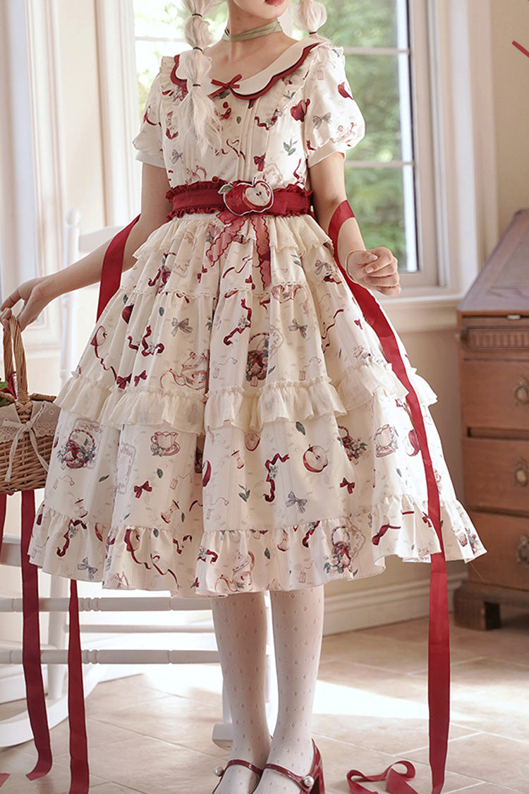 White Apple Tea Print Short Sleeves Country Style Ruffle Bowknot Sweet Lolita Dress