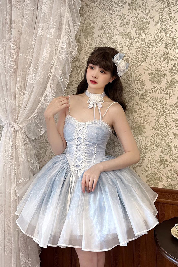 Blue Sleeveless Ruffle Bowknot Sweet Princess Fish Bone Bridesmaid Lolita Jsk Dress