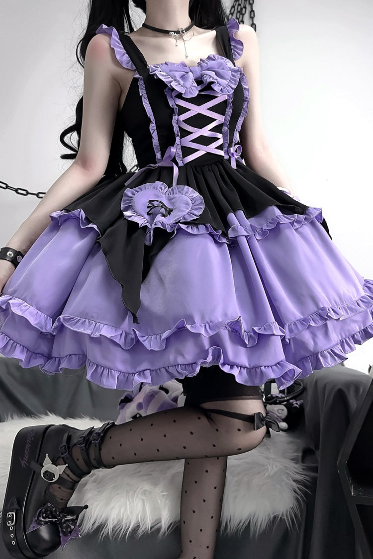 Black/Purple Halloween Little Witch Sleeveless Double-Layered Ruffle Bowknot Lace-Up Gothic Lolita Jsk Dress