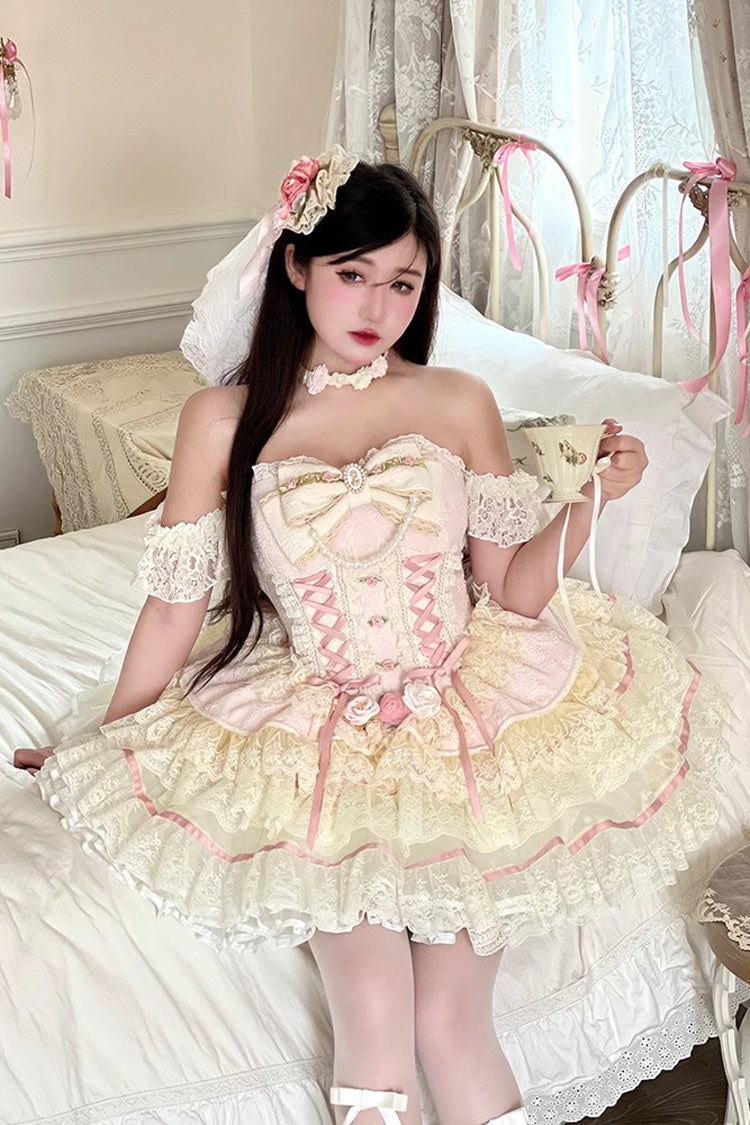 Pink Sweet Tea Rose Dew Triple-Layered Ruffle Bowknot Lace Gorgeous Sweet Lolita Skirt