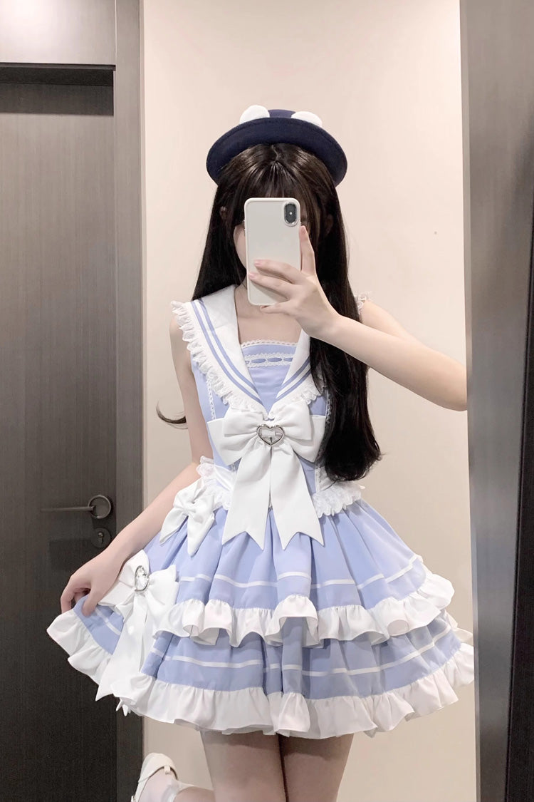 Light Blue Navy Style Sleeveless Double Layer Ruffle Bowknot Lace Sweet Lolita Dress