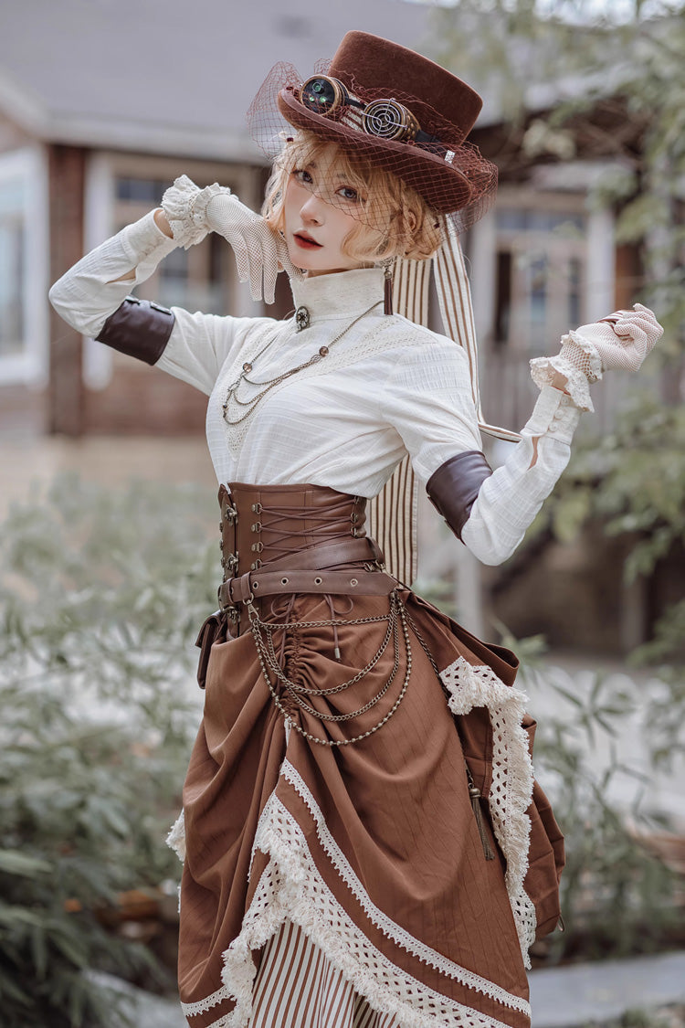 Brown Lace-Up Classic Vintage Leather Waist Lolita Belt with Metal Horn Buckle