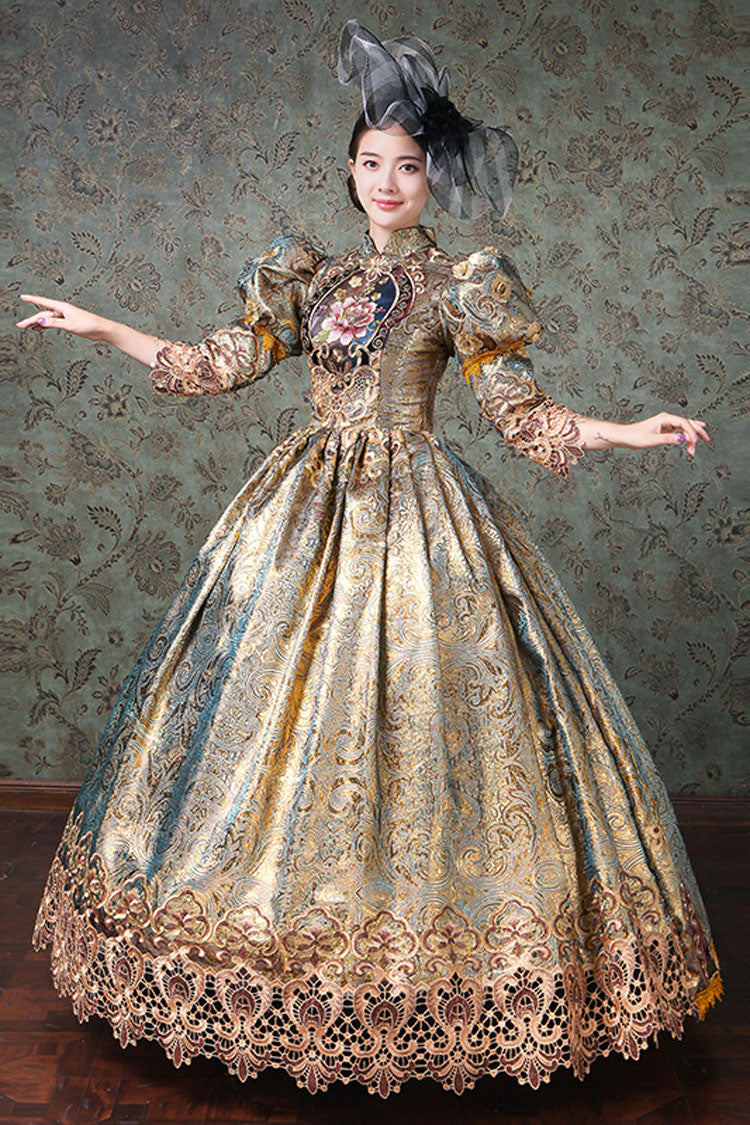 Champagne Half Sleeves High Waisted Hollow Floral Embroidery Victorian Lolita Prom Dress