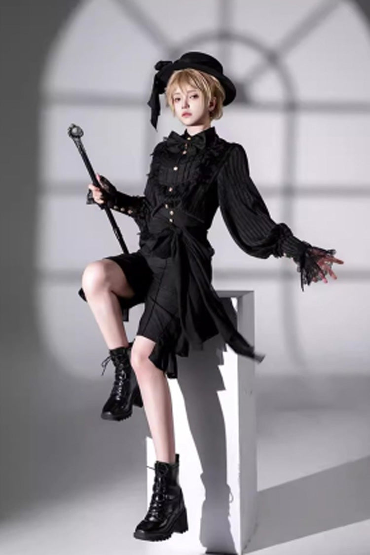 Black Eternal City Long Sleeves Lace Gothic Prince Medieval Ouji Lolita Blouse Knee-Length Shorts Set