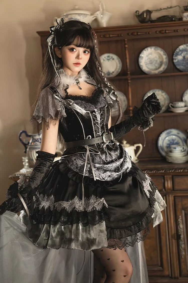 Black Dark Night Rose Short Sleeves Print Ruffle Bowknot Lace Asymmetric Gothic Lolita Dress