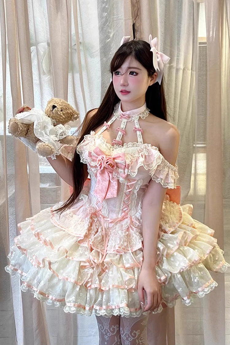 Pink Flower Language of Eros Halterneck Multi-Layered Ruffle Bowknot Rose Lace Lace-Up Sweet Ballet Lolita Jsk Dress