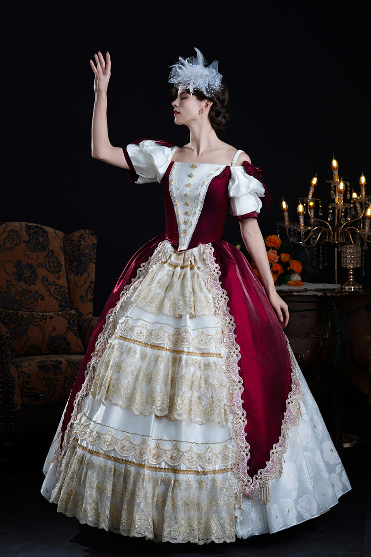 Red/Apricot Off Shoulder Short Sleeves Ruffle Cardigan Bowknot Lace Classic Princess Palace Lolita Victorian Dress