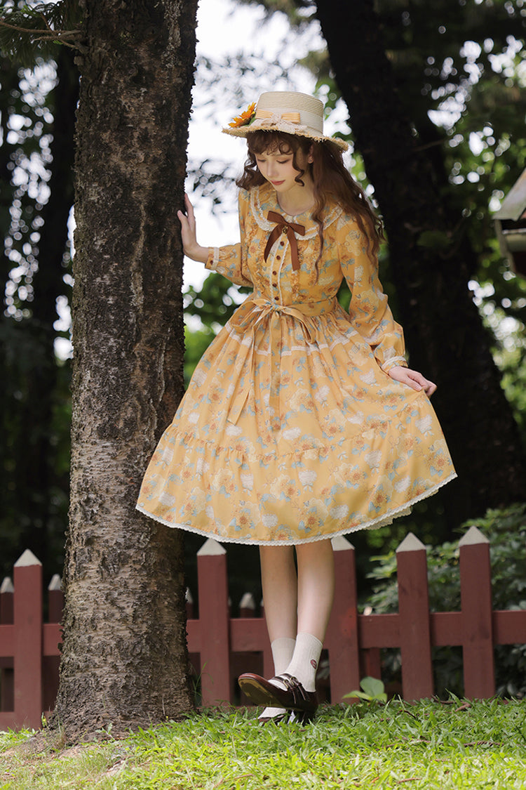 Yellow Gardening Sunflower Long Sleeves Print Ruffle Bowknot Sweet Elegant Lolita Dress