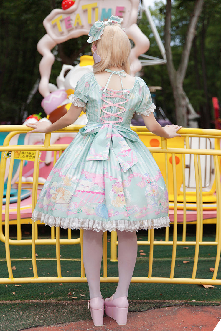 Macaron Dolly House Doll Collar Short Sleeves Print Bowknot Sweet Lolita Dress 3 Colors