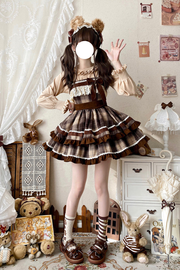 Brown Sleeveless Double-Layered Plaid Print Ruffle Bowknot Lace Sweet Lolita Jsk Dress