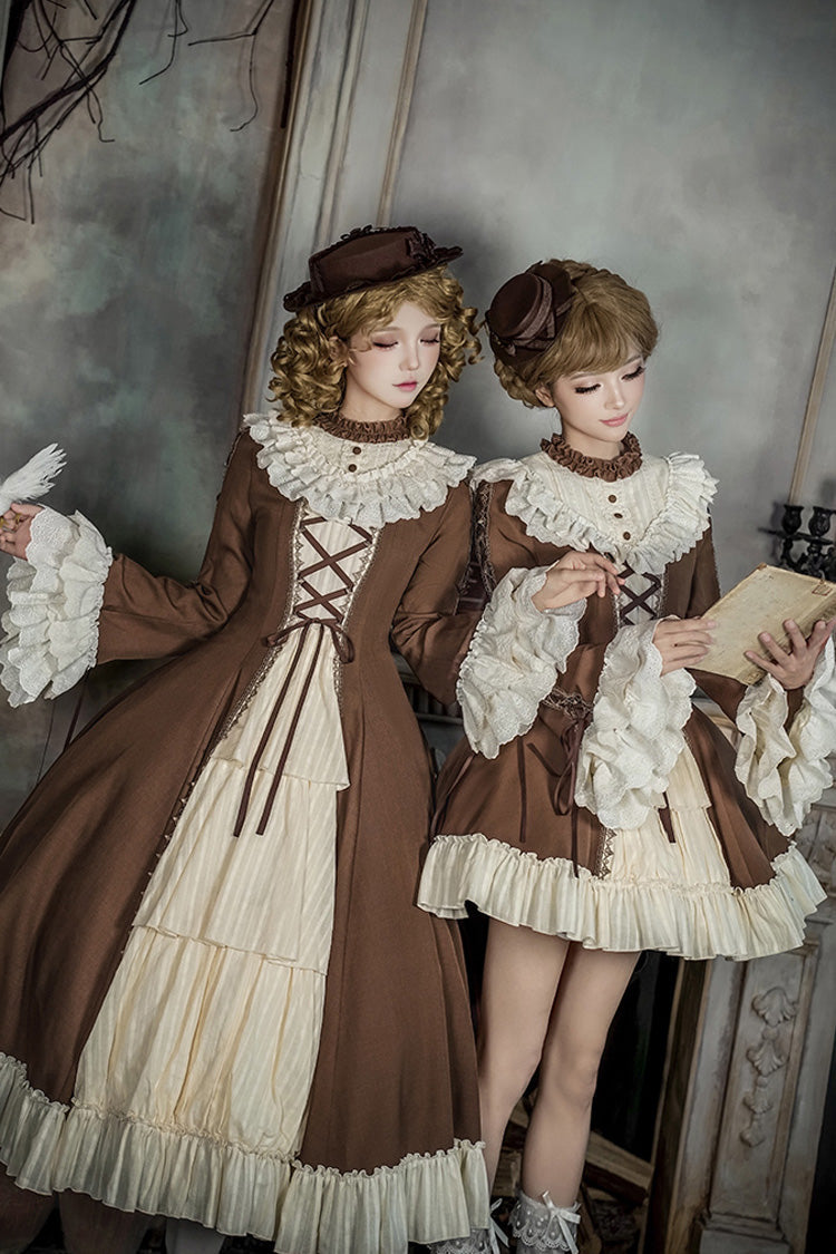 Brown/Beige Nutcracker Stand Collar Long Trumpet Sleeves Ruffle Cardigan Bowknot Lace-Up Sweet Lolita Dress Set 2 Versions