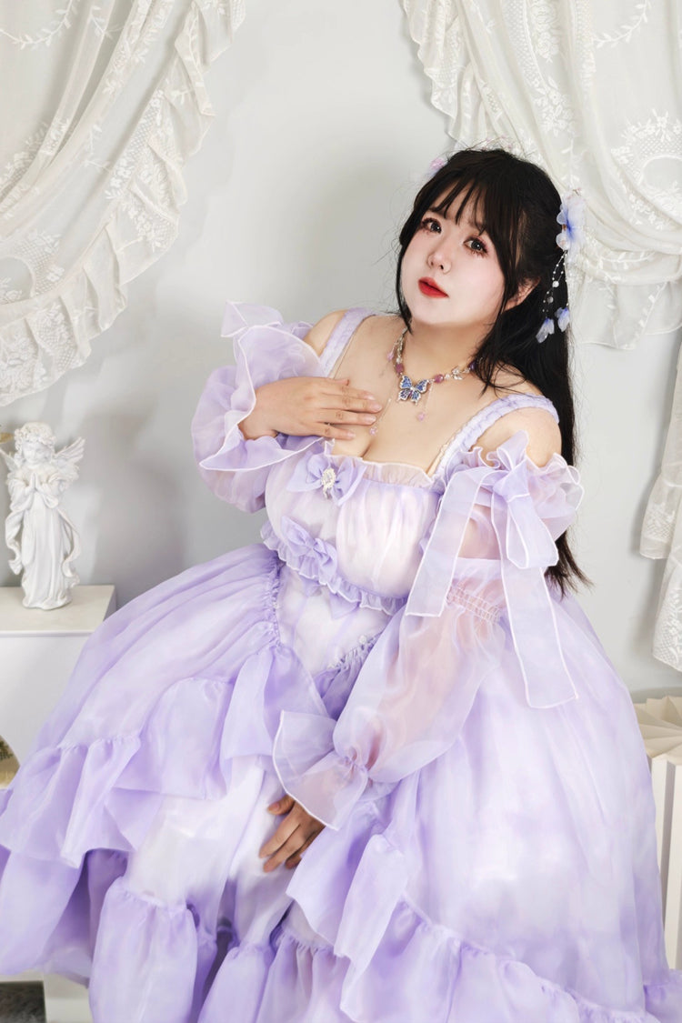 Purple Fall Into The Purple Galaxy Gradient Ruffle Cardigan Bowknot Sweet Plus Size Princess Lolita Jsk Dress