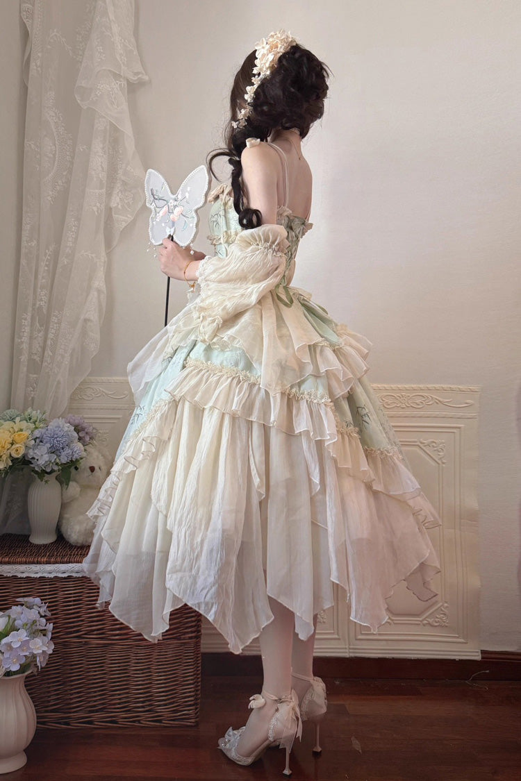 Green Tea Bamboo Song Sleeveless Print Ruffle Bowknot Sweet Chinese Style Elegant Ballet Lolita Jsk Long Dress