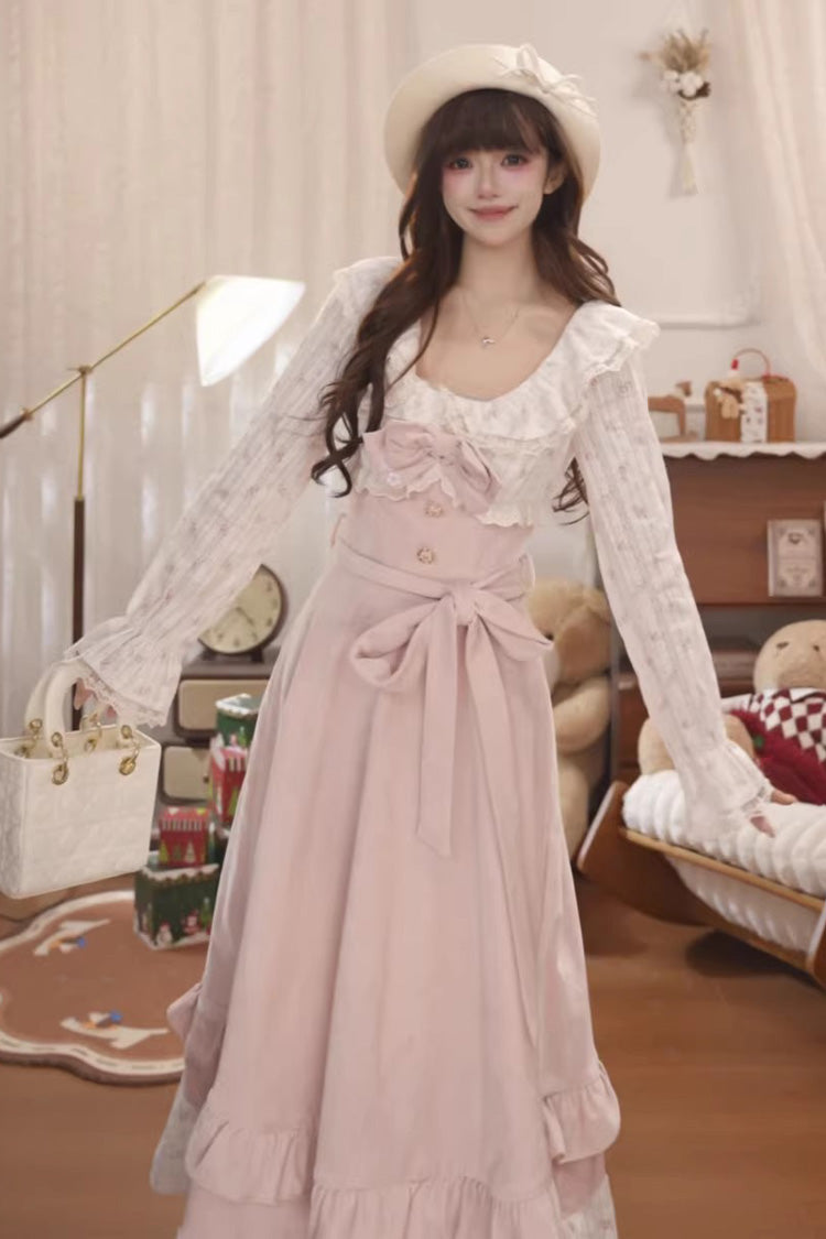 Pink Sakura Milk Cake Long Sleeves Double-Layered Bow Lace Sweet Princess Lolita Dress