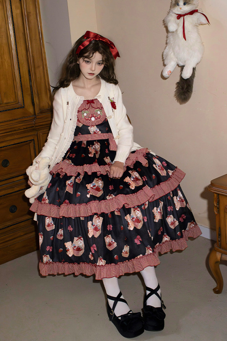 Blue/Pink Bell Strawberry Farm Embroidery Print Triple-Layered Ruffle Sweet Lolita JSK Dress