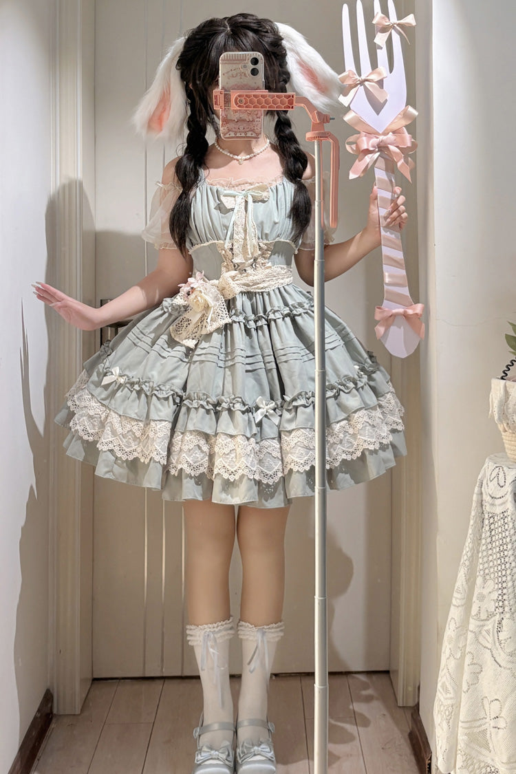 Green Vivian Off Shoulder Short Sleeves Ruffle Bowknot Lace Sweet Princess Lolita Dress