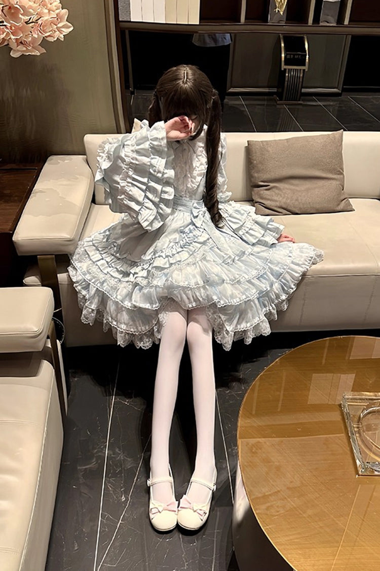 Blue The Soloist Doll Long Hime Sleeves Multi-Layered Print Ruffle Bowknot Asymmetric Sweet Lolita Dress