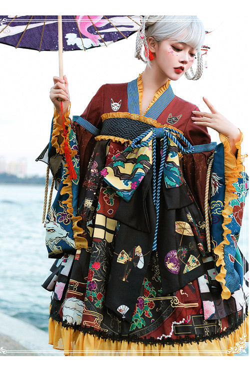Multi-Color Retro Japanese Fox Trick Print High Waist Sweet Lolita OP Dress