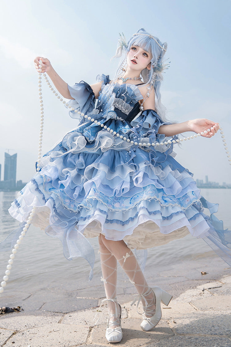 Blue Jellyfish Gradient Print Ruffle Embroidery Bowknot Lace Asymmetric Sweet Elegant Lolita Jsk Dress