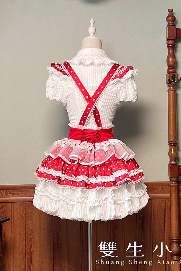 Red/White Twin Bears Birthday Cake Sleeveless Print Ruffle Bowknot Lace Sweet Lolita Small Flower Bud Dress
