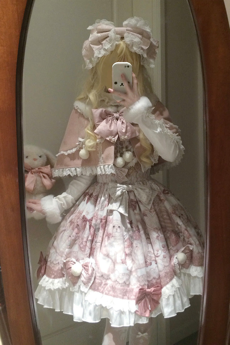 Pink Sweet Dessert Cat Print Ruffle Bowknot Lace Sweet Princess Lolita Dress Set
