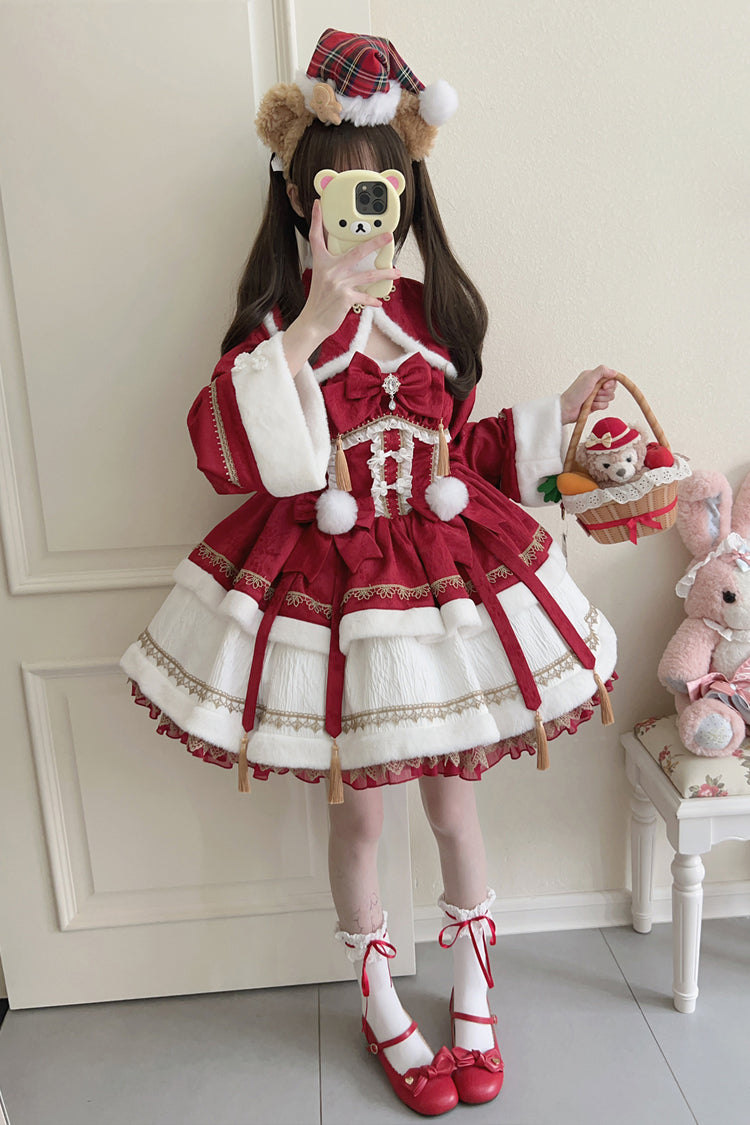 Red Snow Rabbit Long Sleeves Ruffle Bowknot Fake Two Pieces Sweet Lolita Dress