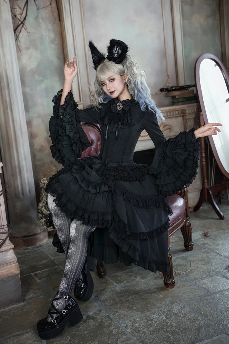 Black Immortal Phoenix Long Hime Sleeves Multi-Layered Ruffled Bow Lace-Up Gothic Lolita Skirt Dress Set