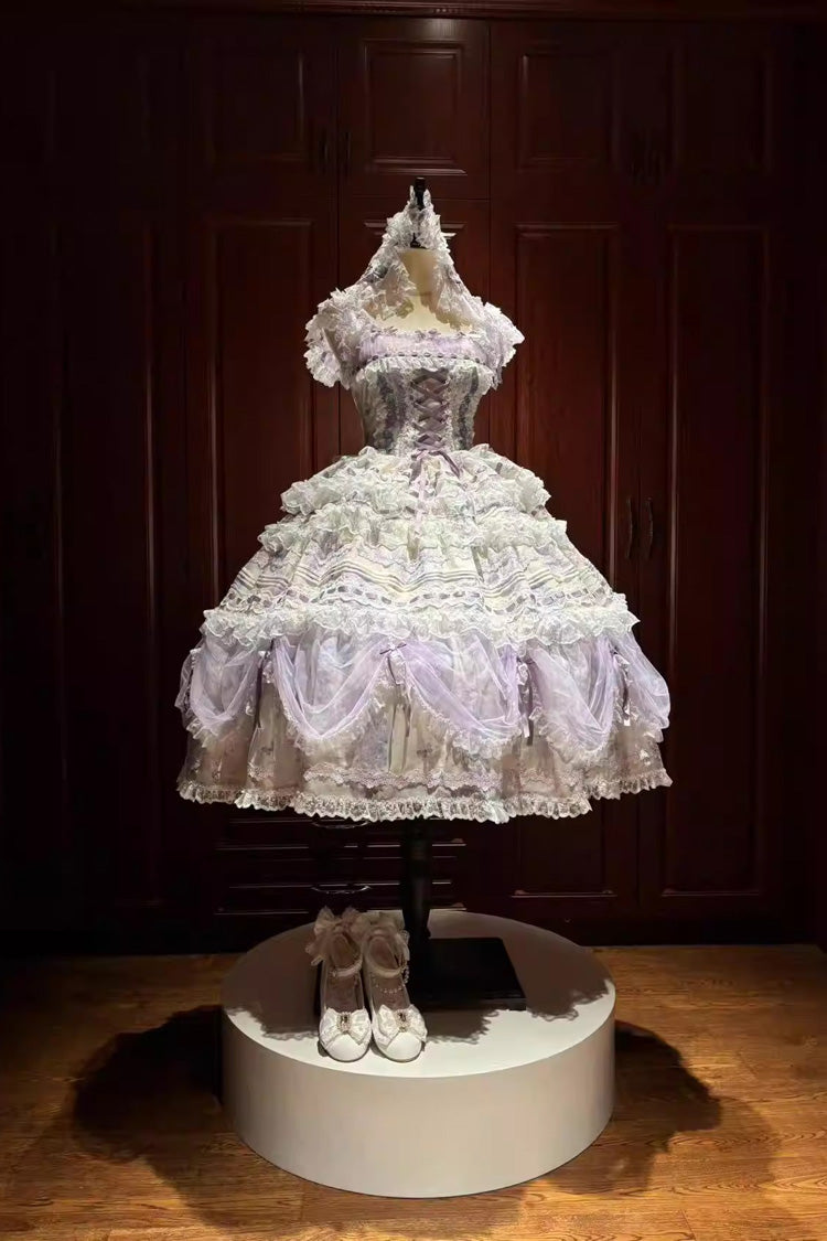 Purple Wisteria Sleeveless Multi-Layered Hanayome Bow Lace Lace-Up Sweet Gorgeous Lolita Jsk Dress Set