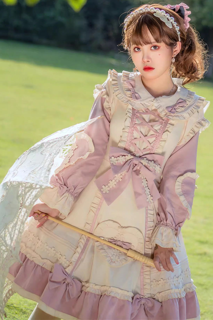Pink/White Little Florist Long Sleeves Ruffle Bowknot Lace-Up Sweet Plus Size Princess Lolita Dress