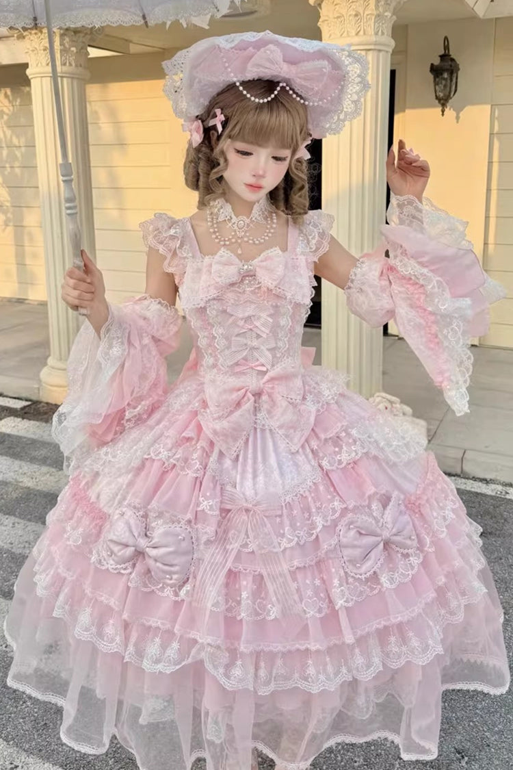 Pink Prelude of Spring Sleeveless Multi-Layered Ruffled Bow Lace Sweet Princess Lolita Jsk Dress
