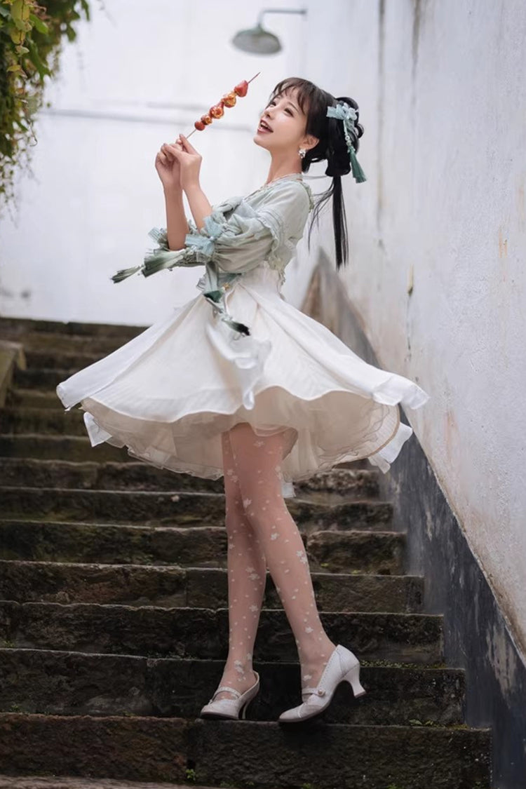 White/Green Half Sleeves Ruffled Bow Sweet Chinese Style Lolita Hanfu Dress
