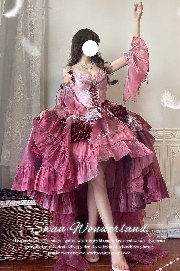 Plum Red Swan Wonderland Embroidery Bowknot Lace-Up Short Front Long Back Irregular Sweet Ballet Lolita Jsk Dress