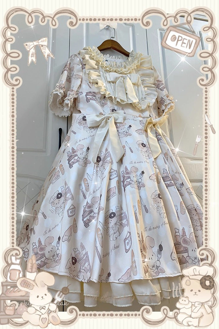Ivory Short Puff Sleeves Print Ruffle Bowknot Plus Size Princess Lolita Dress