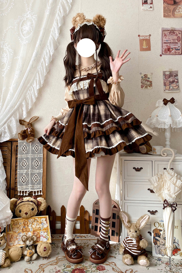 Brown Sleeveless Double-Layered Plaid Print Ruffle Bowknot Lace Sweet Lolita Jsk Dress