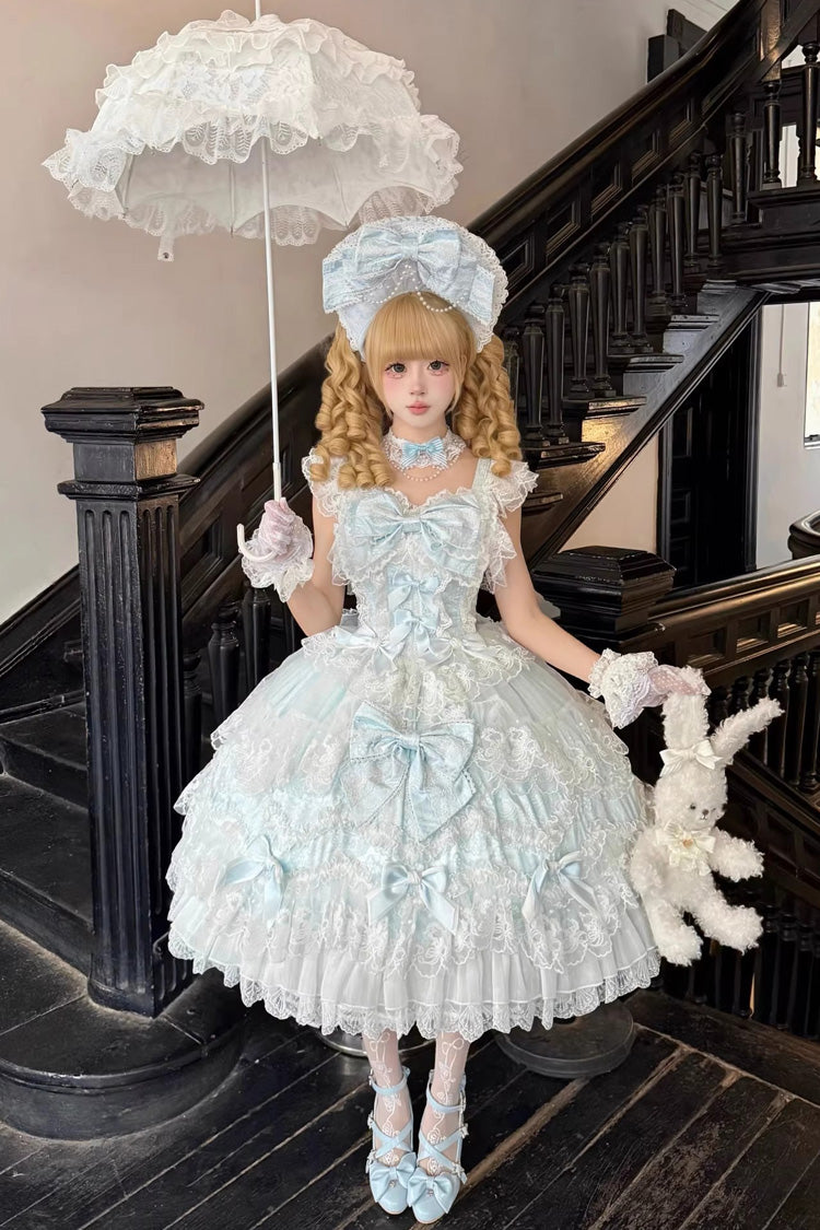 Blue Sakura Dream Romance Sleeveless Multi-Layered Ruffled Hanayome Bow Lace Sweet Princess Lolita Jsk Dress