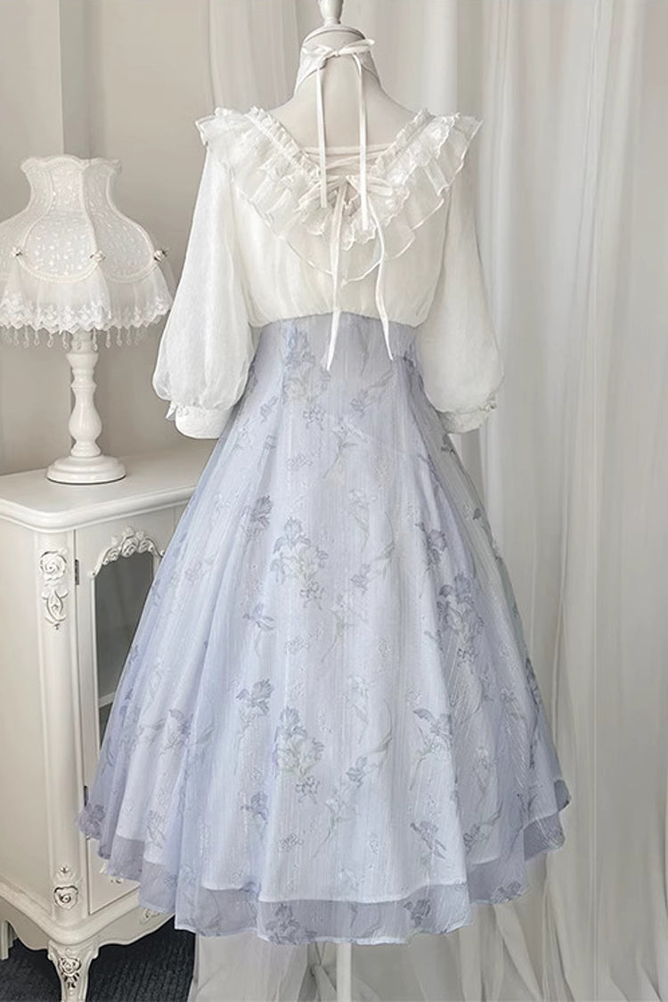 White/Blue Lace V Collar Half Sleeves High Waisted Sweet Lolita OP Dress
