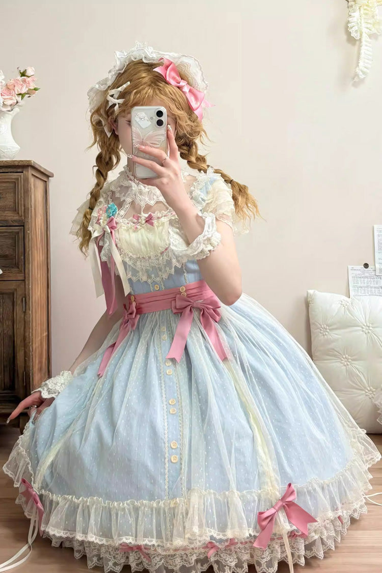 Blue Sakura's Spring Resonance Sleeveless Ruffled Bow Sweet Lolita Jsk Dress (Short Version)