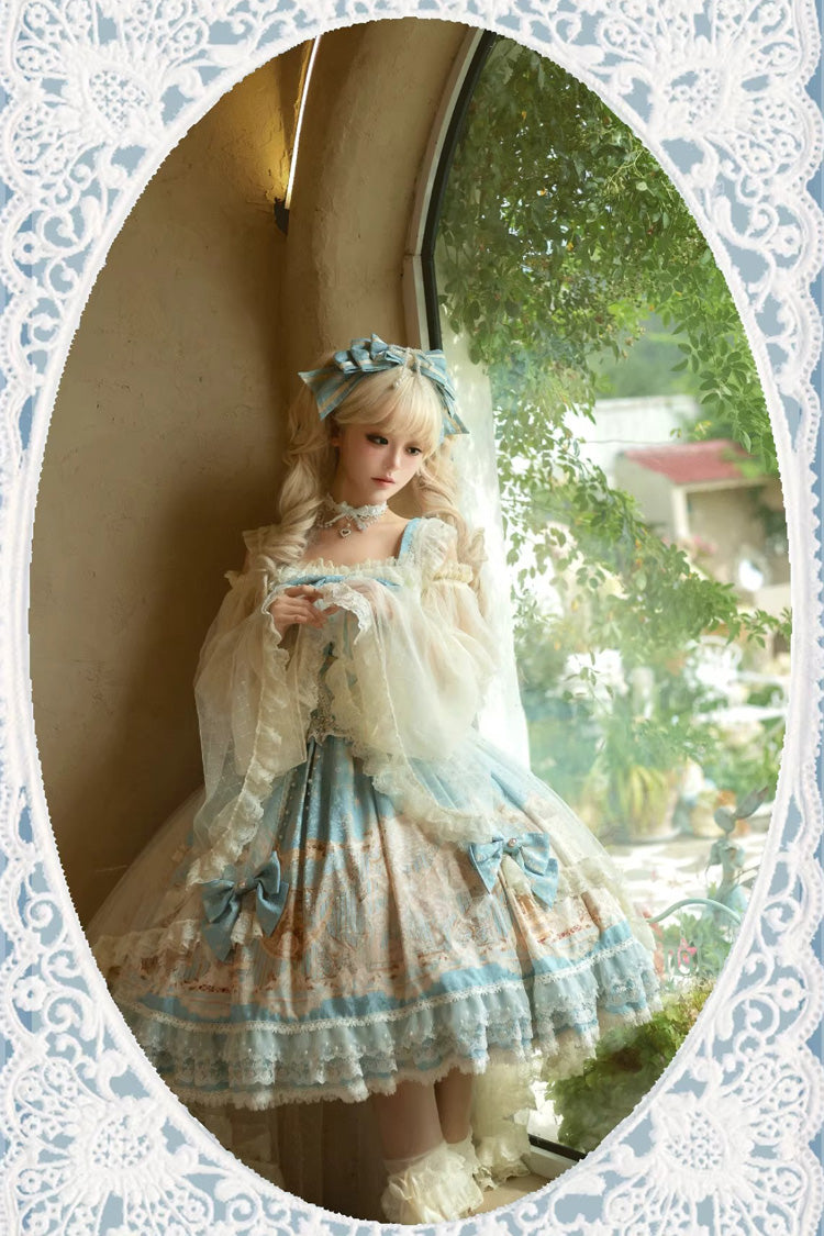 Blue Unicorn Print Sleeveless Multi-Layered Embroidery Bowknot Lace Sweet Lolita Jsk Dress