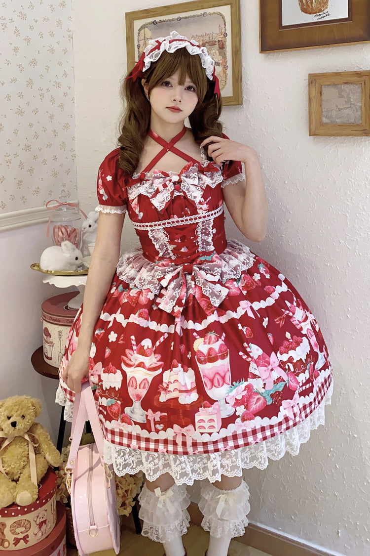 Red Strawberry Parfait Print Short Sleeves Ruffle Bowknot Lace Lace-Up Sweet Lolita Dress