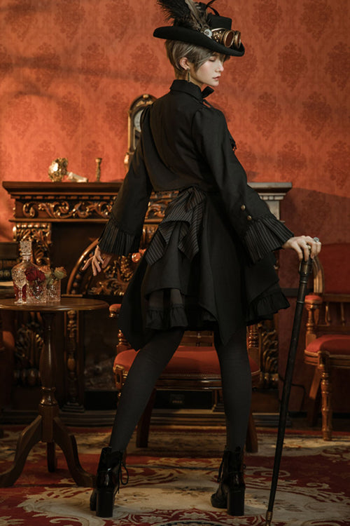 Black/Brown Single Breasted Long Sleeves Ruffled Striped Print Ouji Lolita Dress