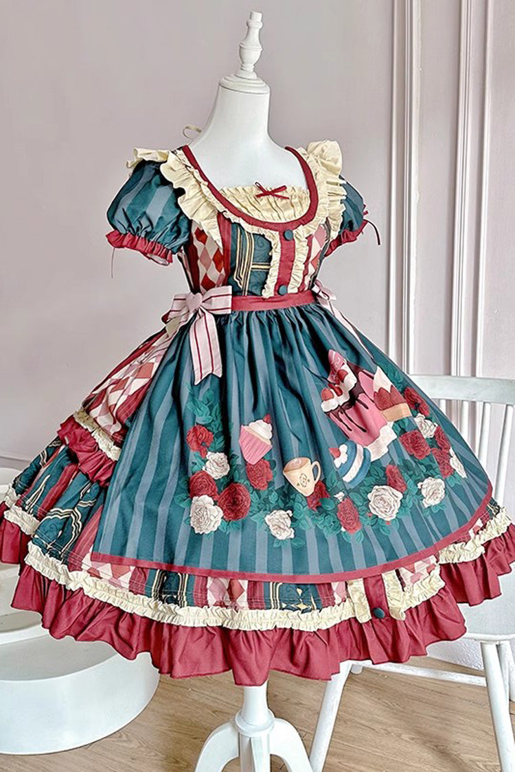 Puppy Cafe Print Ruffle Bowknot Sweet Lolita Dress 3 Colors